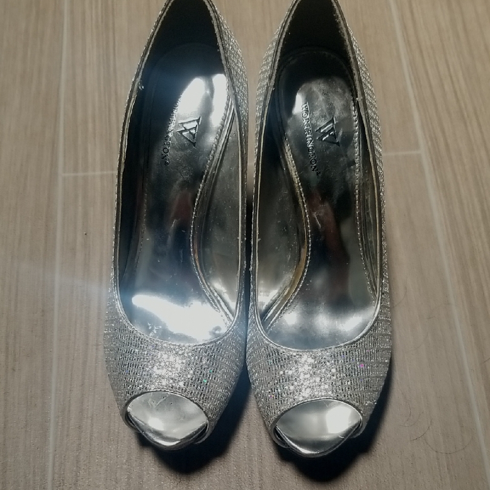 Worthington Silver Peep-Toe Heels with Glitter Finish